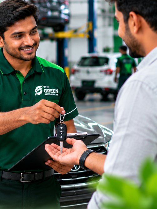 Green Automobiles advisor handing car keys back to a customer after service