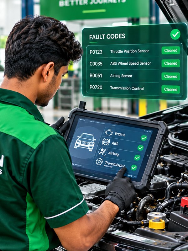 Green Automobiles technician reading and clearing fault codes with a diagnostic scanner
