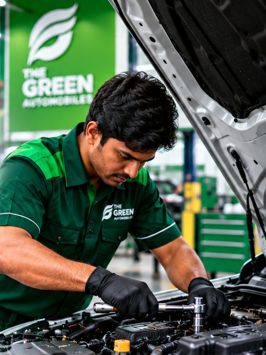 Green Automobiles technician repairing a car engine with a ratchet