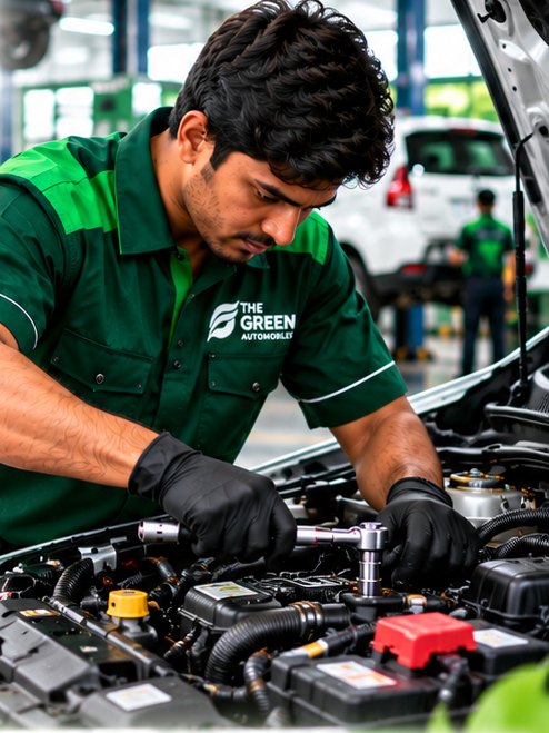 Green Automobiles technician servicing a car engine with a ratchet