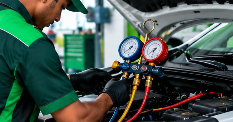 Green Automobiles technician checking car AC gas pressure with manifold gauges