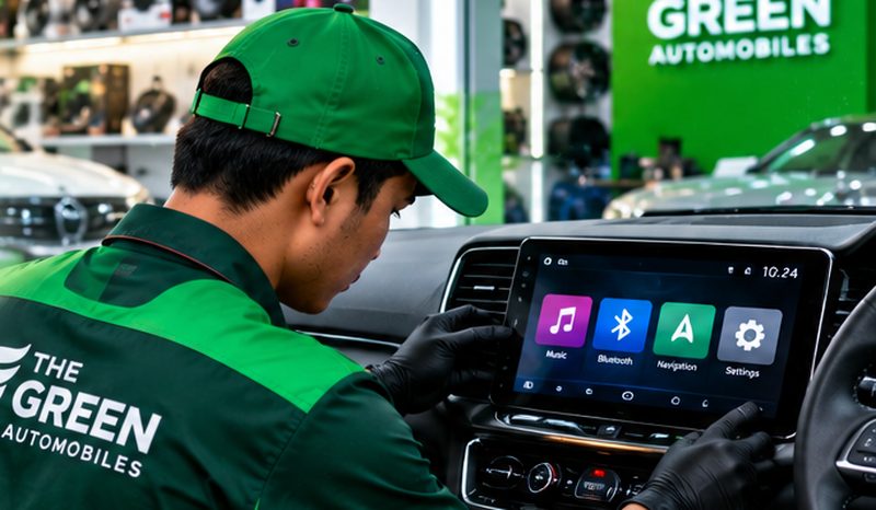 Green Automobiles technician installing a car infotainment system