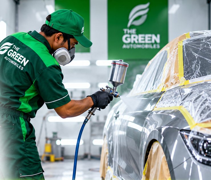 Green Automobiles painter spray-painting a car in the paint booth