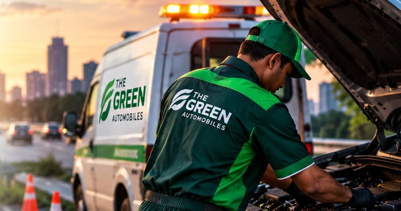 Green Automobiles roadside van with beacon and technician fixing a broken-down car on the highway