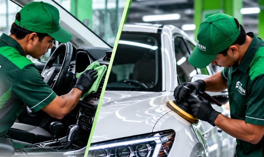 Green Automobiles technicians detailing a car's interior and exterior