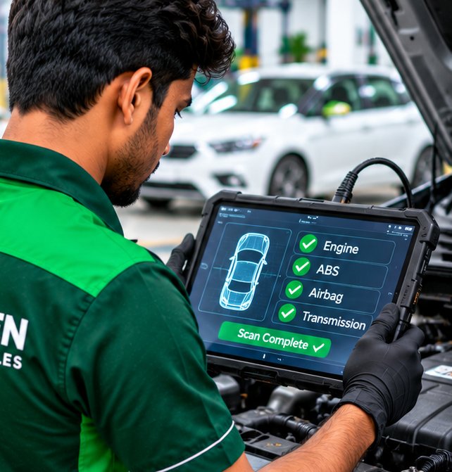 Green Automobiles technician running a diagnostic scan — engine, ABS, airbag and transmission checked