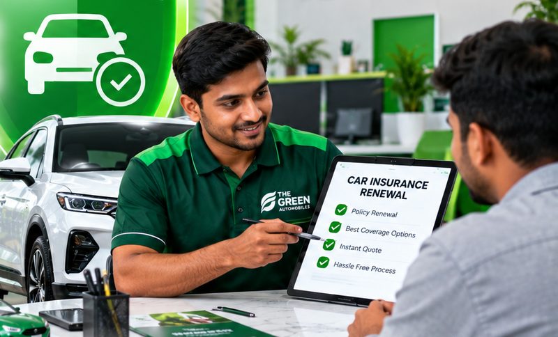 Green Automobiles advisor explaining car insurance renewal to a customer