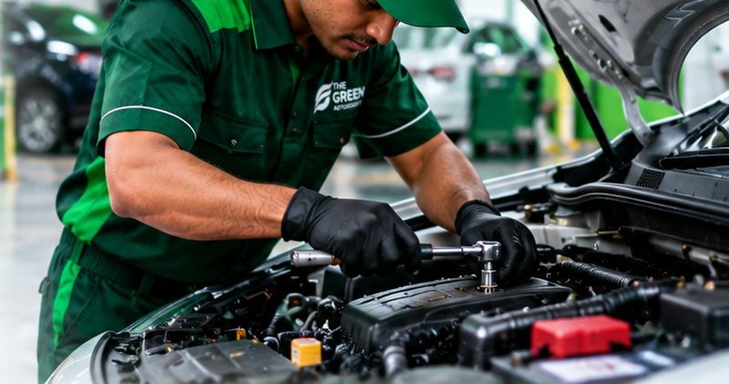 Green Automobiles technician tightening engine parts with a ratchet during a car service