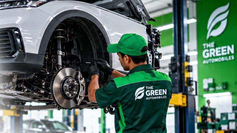 Green Automobiles technician repairing a car's brakes on the lift
