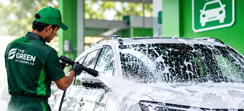 Green Automobiles technician foam-washing a white SUV