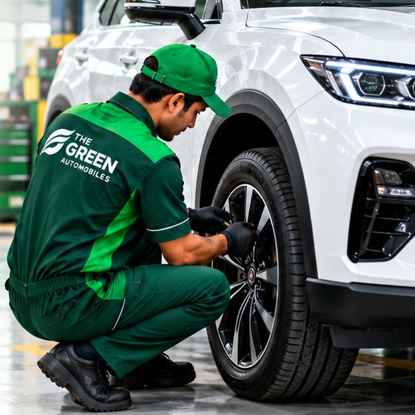 Green Automobiles technician checking a car wheel in the workshop